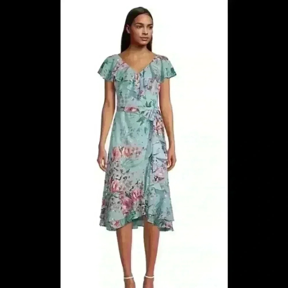 NWT $168 ELIZA J Green Floral Flowy V Neck Chiffon Dress Belted Size 6